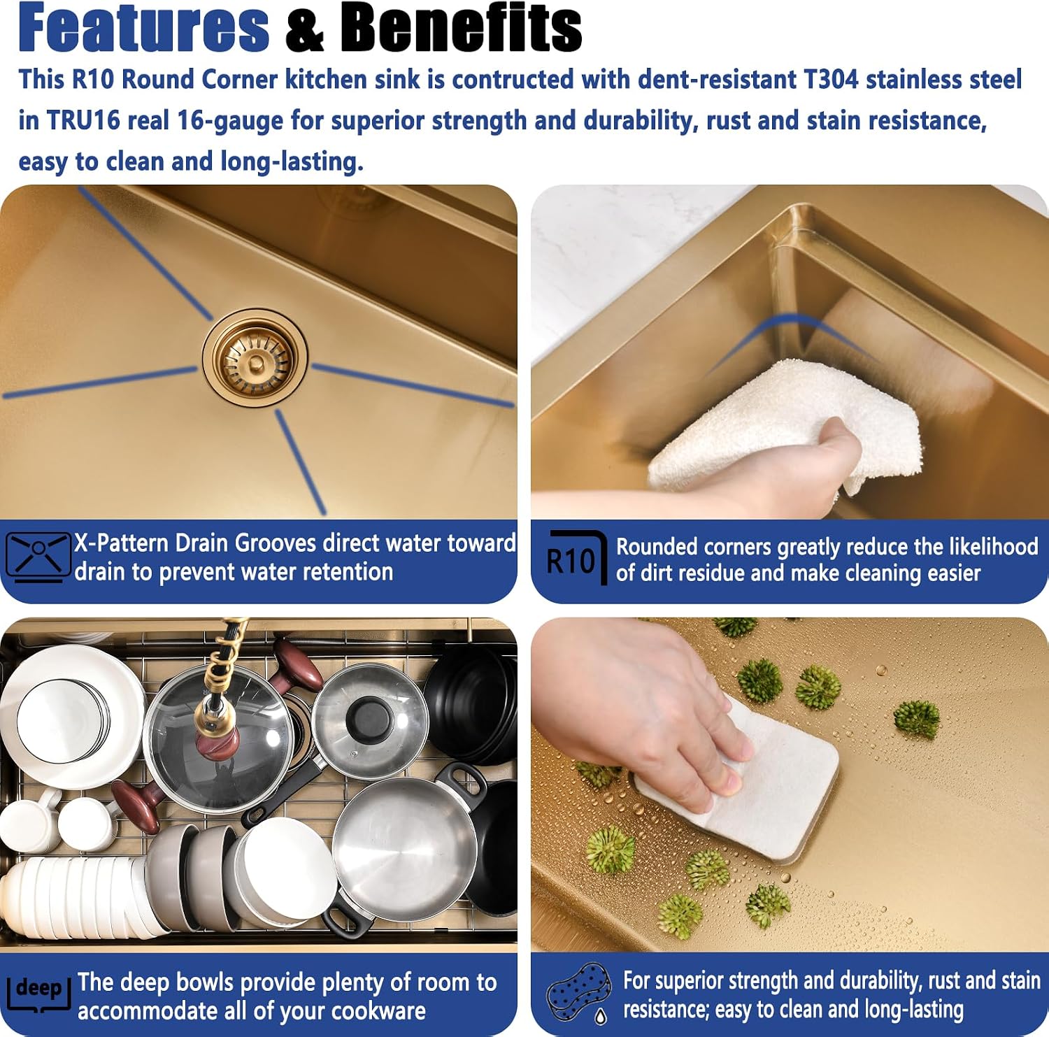 33x19 Inch Gold Drop In Kitchen Sink with Faucet - Brushed Finish Stainless Steel Single Bowl Workstation Sinks, Includes Accessories Set, Easy to Install for Home & Restaurant