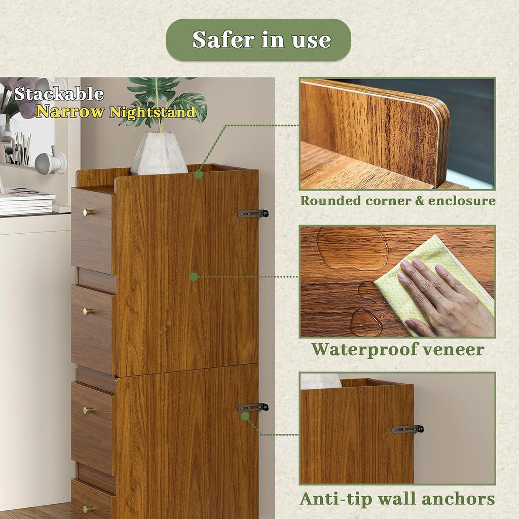 Narrow Night Stands, Modern Slim Nightstand Set of 2, Wooden Skinny Bedside Table 2 Drawers, Stackable Narrow Side Table with Drawers for Small Spaces, Bedroom, Living Room, Walnut Brown