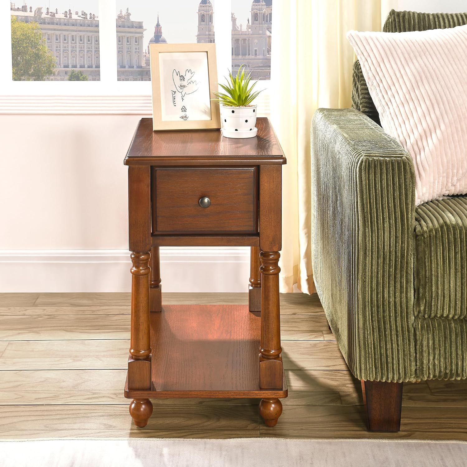 Set of 2 Narrow End Table with Drawer and Shelf, Solid Wood Sofa Side Tables 2-Tier Skinny Table with Storage Slim Bedside Table for Small Space Living Room-Cherry Brown 004DR