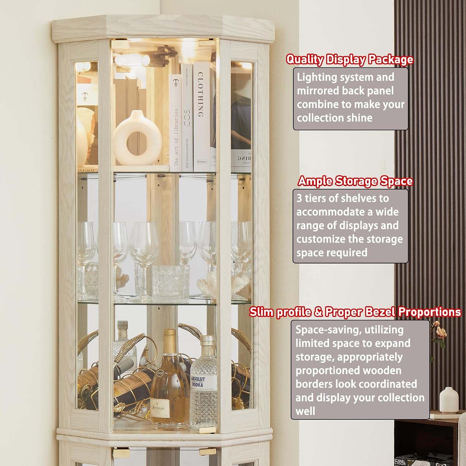 69' H Lighted Corner Curio Cabinet, 5-Tier Curio Glass Display Cabinet w/Door & Adjustable Glass Shelves, Wooden Display Showcase Corner Storage Cabinet for Living Room(Antique White)