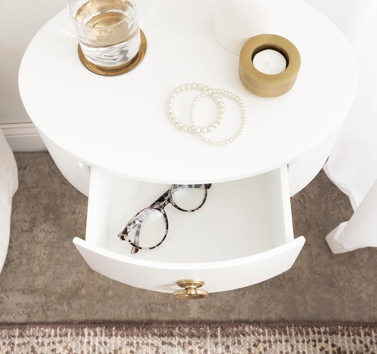 Kate and Laurel Decklyn Decorative Glam Oval Side Table; 16 x 12 x 24; White and Gold; Modern Round Living Room Table with Pull Drawer for Useful Storage