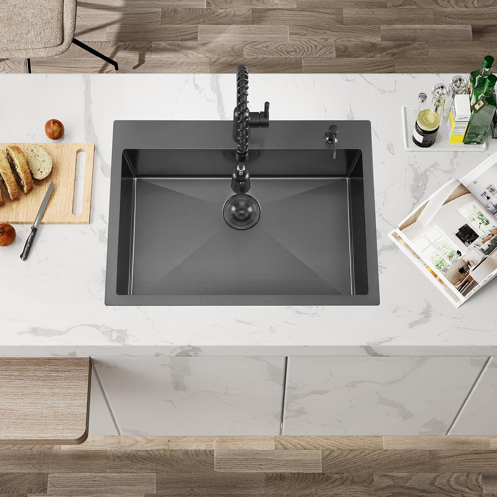 ATTOP 30 Inch Black Drop in Stainless Steel Kitchen Sink Large Single Bowl,30x22 Nano Black Handmade Single Bowl Drop in Kitchen Sink