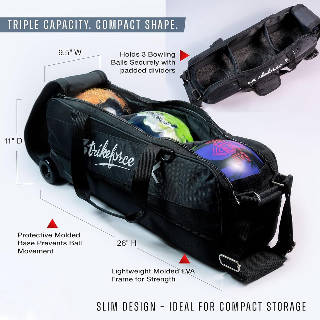 KR Strikeforce Fast Slim Triple Tote Bowling Bags with Wheels - Fits 3 Bowling Balls - Lightweight and Designed for Airline Travels