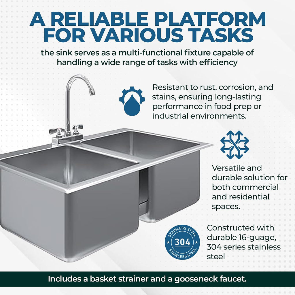 Premium Quality Stainless Steel Compartment Drop-In Sink for Kitchen, Laundry and Garage | Commercial Sink for Restaurant | NSF Certified (2 Bowl 14' x 16' x 10' with Faucet)