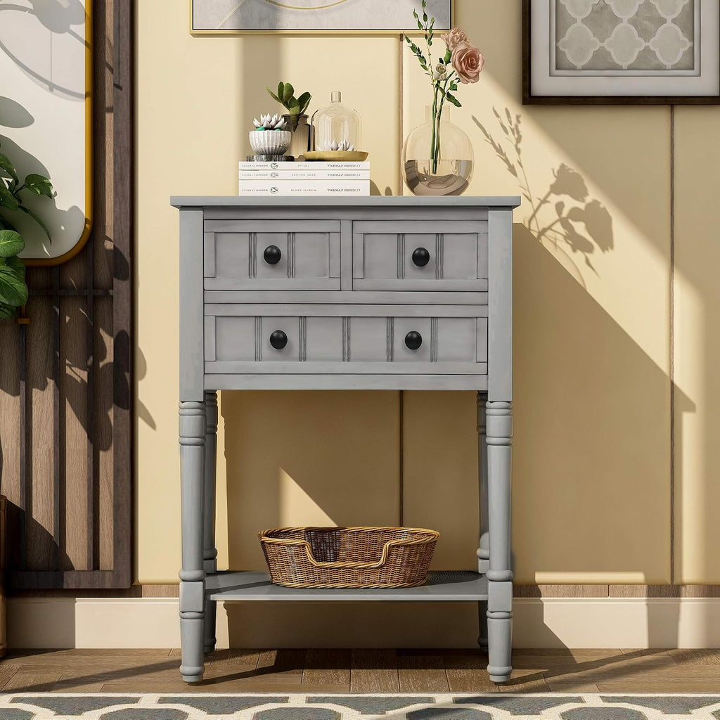 Knocbel Slim Antique Entry Console Table with Drawers & Bottom Open Shelf, Solid Wood Sofa Couch Table for Entryway Hallway Living Room (Gray Wash)