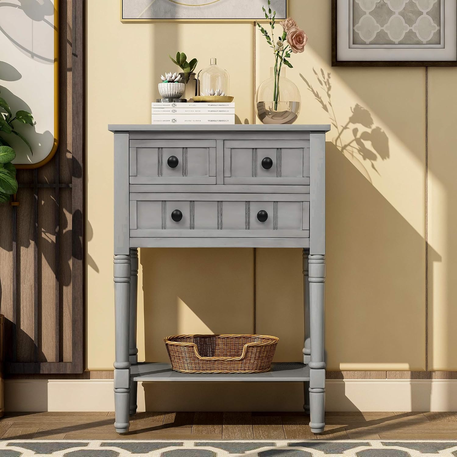 Knocbel Slim Antique Entry Console Table with Drawers & Bottom Open Shelf, Solid Wood Sofa Couch Table for Entryway Hallway Living Room (Gray Wash)