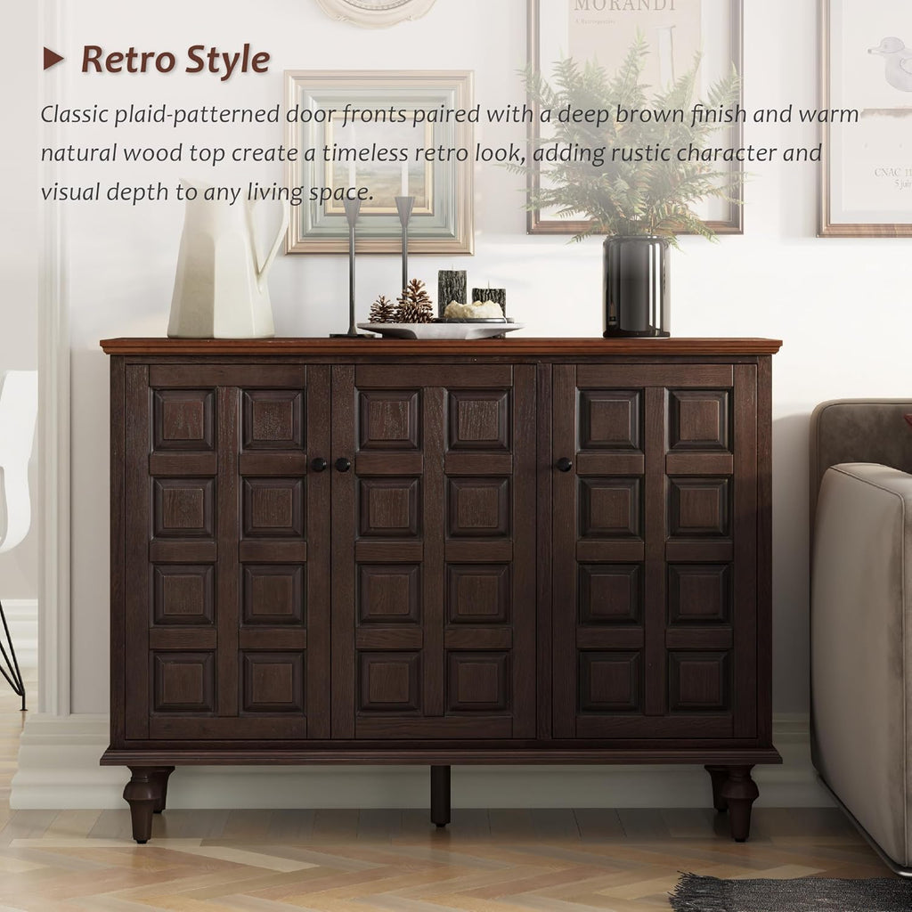Aoikax Retro 3 Door Storage Cabinet with Plaid Pattern Front, Rustic Side Table for Bedroom, Living Room, Handles, Four Shelves, Pine Wood, Natural Wood, Brown