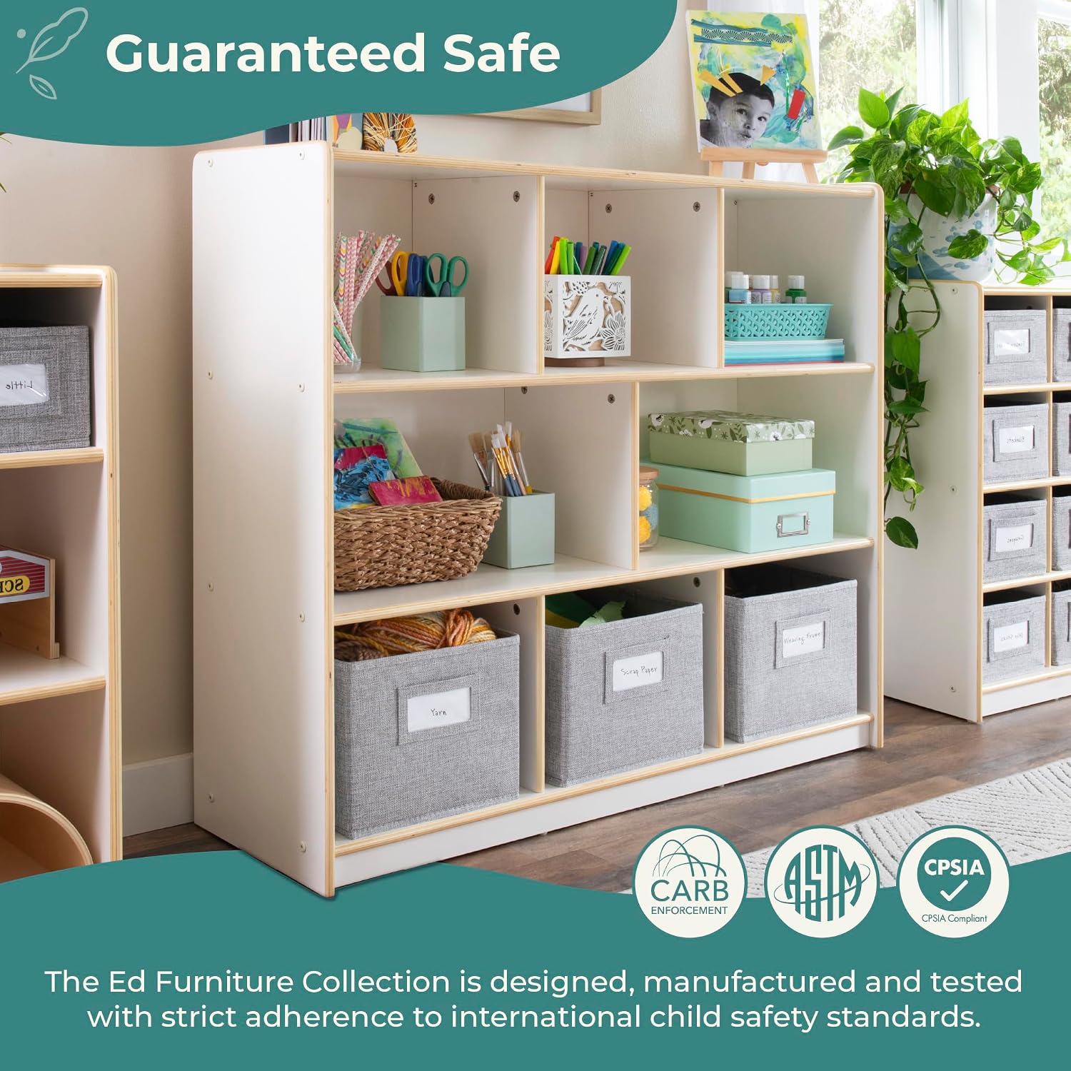 Guidecraft EdQ Three Shelf Compartment Storage White with 3 Fabric Bins: Wooden Bookshelf and Toy Organizer for Kids, Storage Unit for Homeschool and Classroom