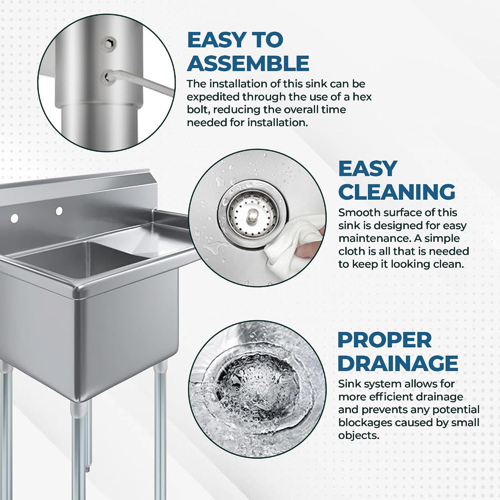 Stainless Steel Prep & Utility Sink | 304 Stainless Steel | Restaurant, Kitchen, Laundry, Garage | NSF (23 in. x 39 in. | One Bowl | Right Drainboard)