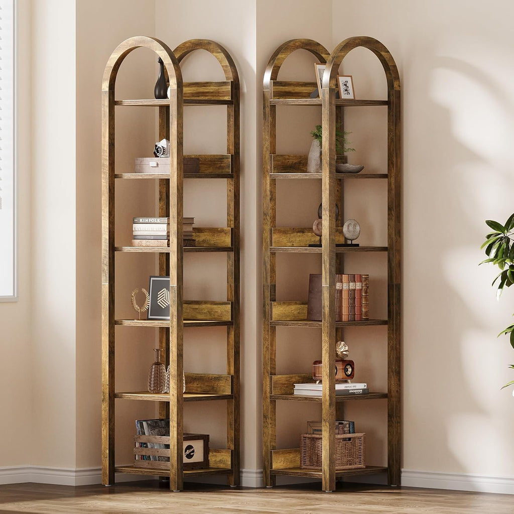 Tribesigns 6-Tier Narrow Bookshelf, 71' Tall Arched Bookcase with Shelves for Small Space, Skinny Wooden Display Shelf Open Storage Rack for Living Room, Home Office, Bathroom, Kitchen, Brown, 2PCS