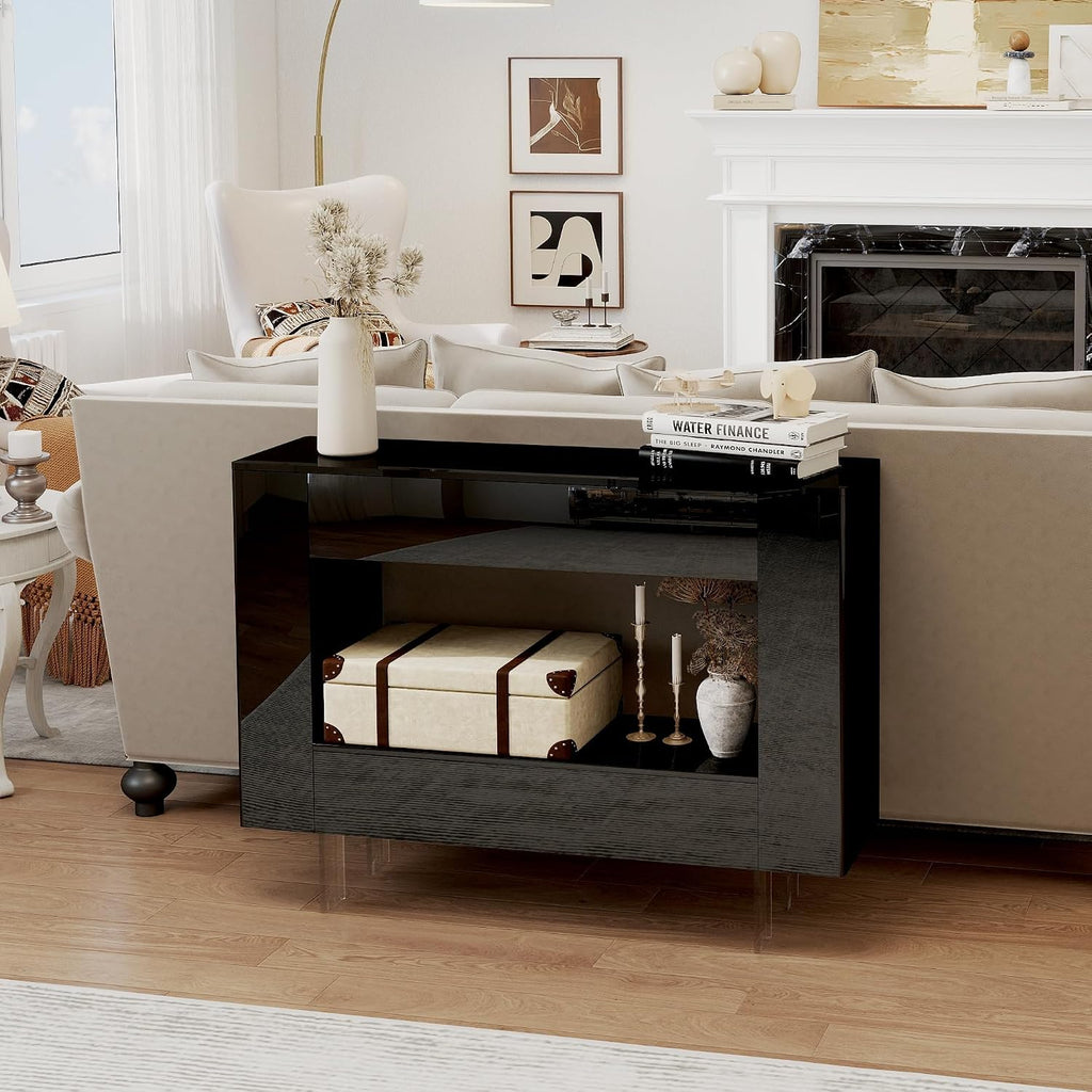 High Gloss Console Table with Hidden Side Storage Cabinets, Adjustable Shelves, Black Modern Black Entryway Sofa Table for Behind The Couch, Living Room, Hallway,