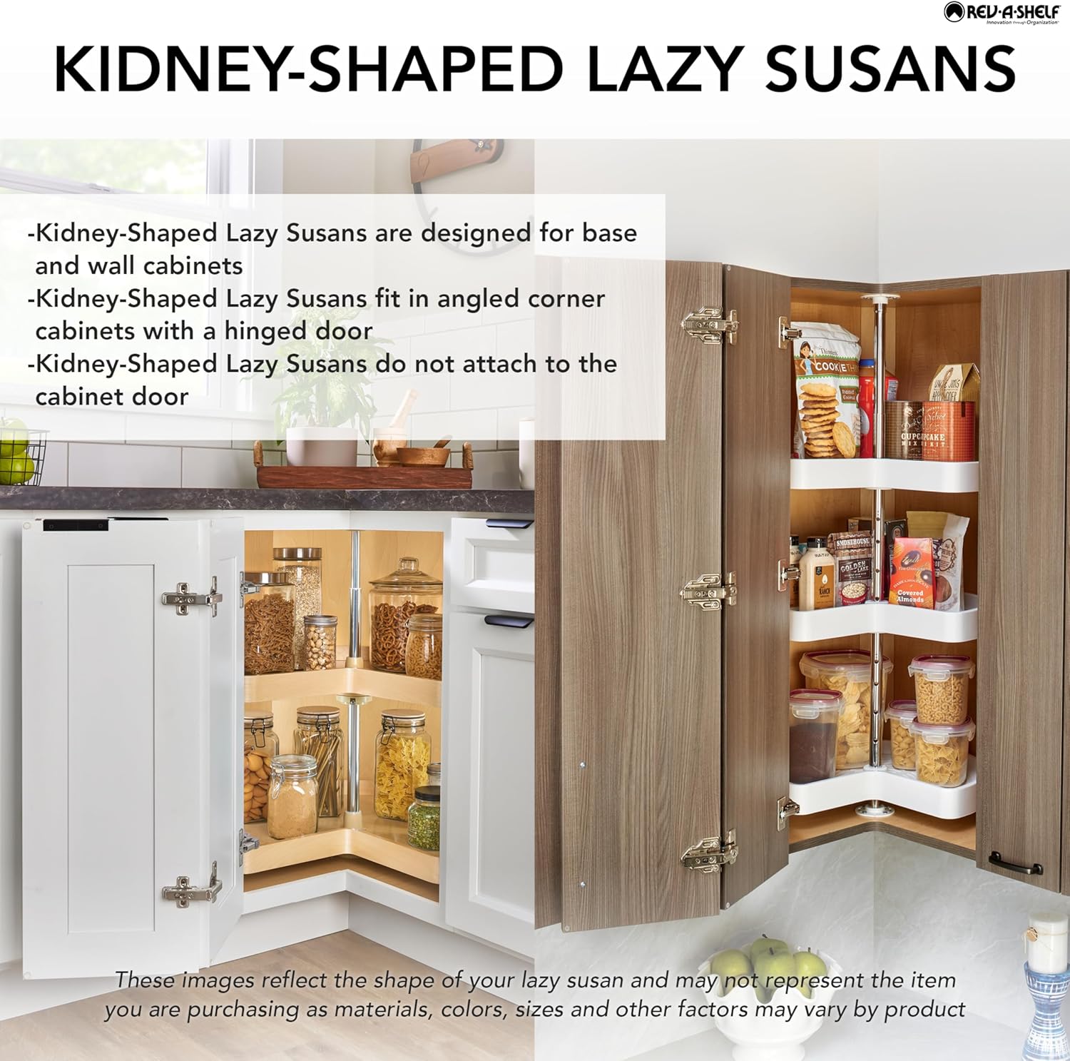 Rev-A-Shelf Kidney-Shape Dual Shelves, 24' Lazy Susan Turntable for Diagonal Lower Corner Base Kitchen Cabinets, 24' W x 14' D x 26' H, Wooden, 4WLS472-24-52