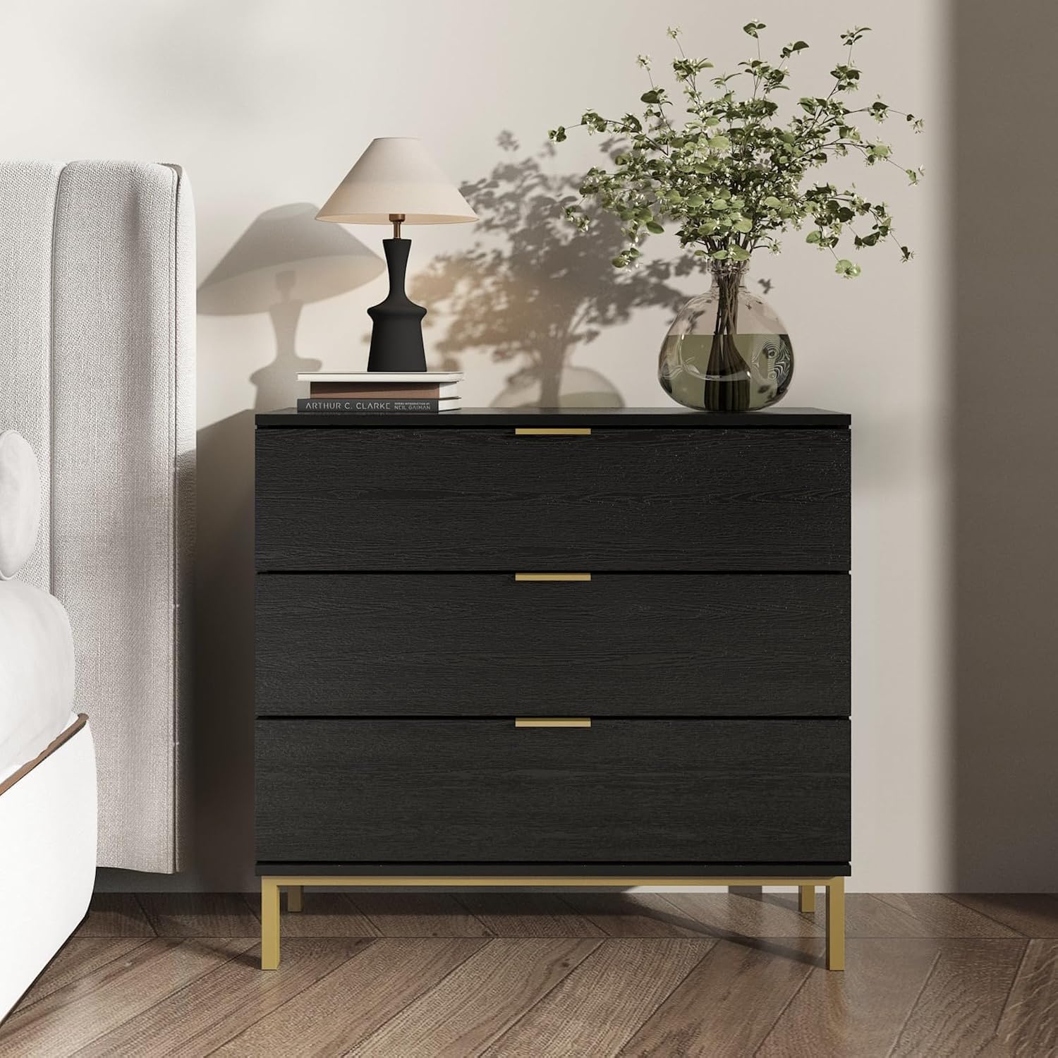 Large Black Nightstand Modern End Table with 3 Drawers, Gold Metal Handles & Legs, Bed Side Table for Living Room, Black and Gold, 31.5'W x 15.7'D x 29.5'H