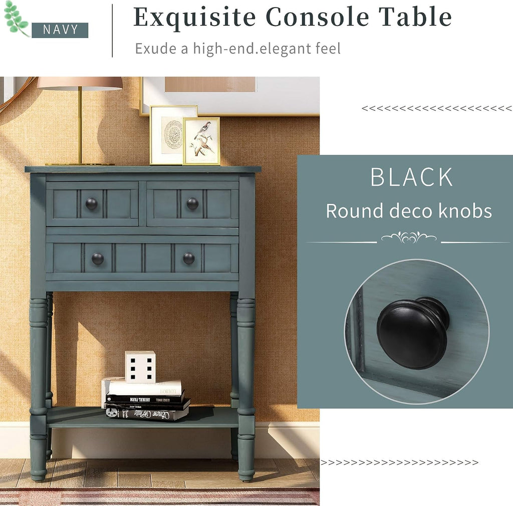 P PURLOVE Narrow Console Table, Farmhouse Entryway Table Slim Sofa Table with Three Storage Drawers and Bottom Shelf, Wood Entry Table for Living Room,Easy Assembly,Navy