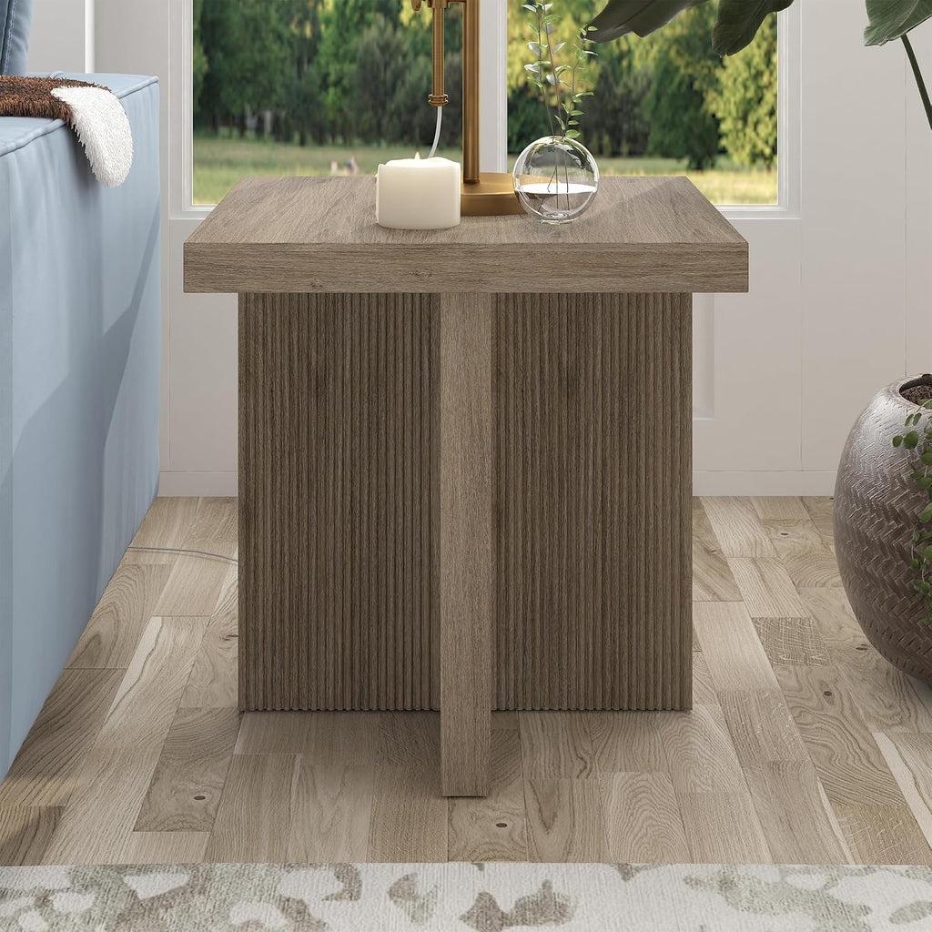 Henn&Hart 22' Fluted Scandinavian Square End Table, Ribbed Side Table, Nightstand for Living Room, Office, Family Room, or Bedroom, Weathered Gray