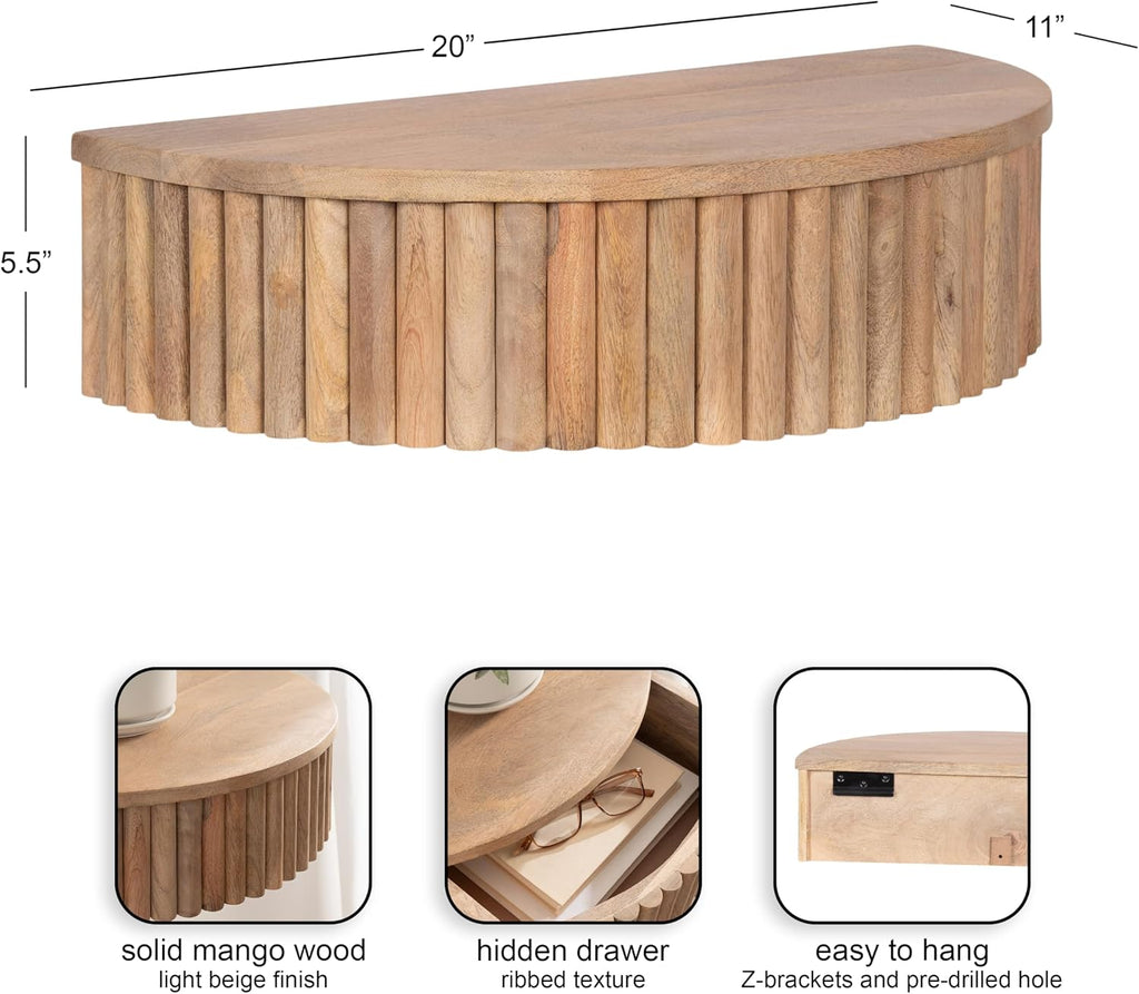 Kate and Laurel Reid Ribbed Wooden Floating Side Table, 20 x 11 x 6, Light Natural, Modern Mango Wood Floating Nightstand with Drawer for Bedroom Storage or Living Room End Table Option