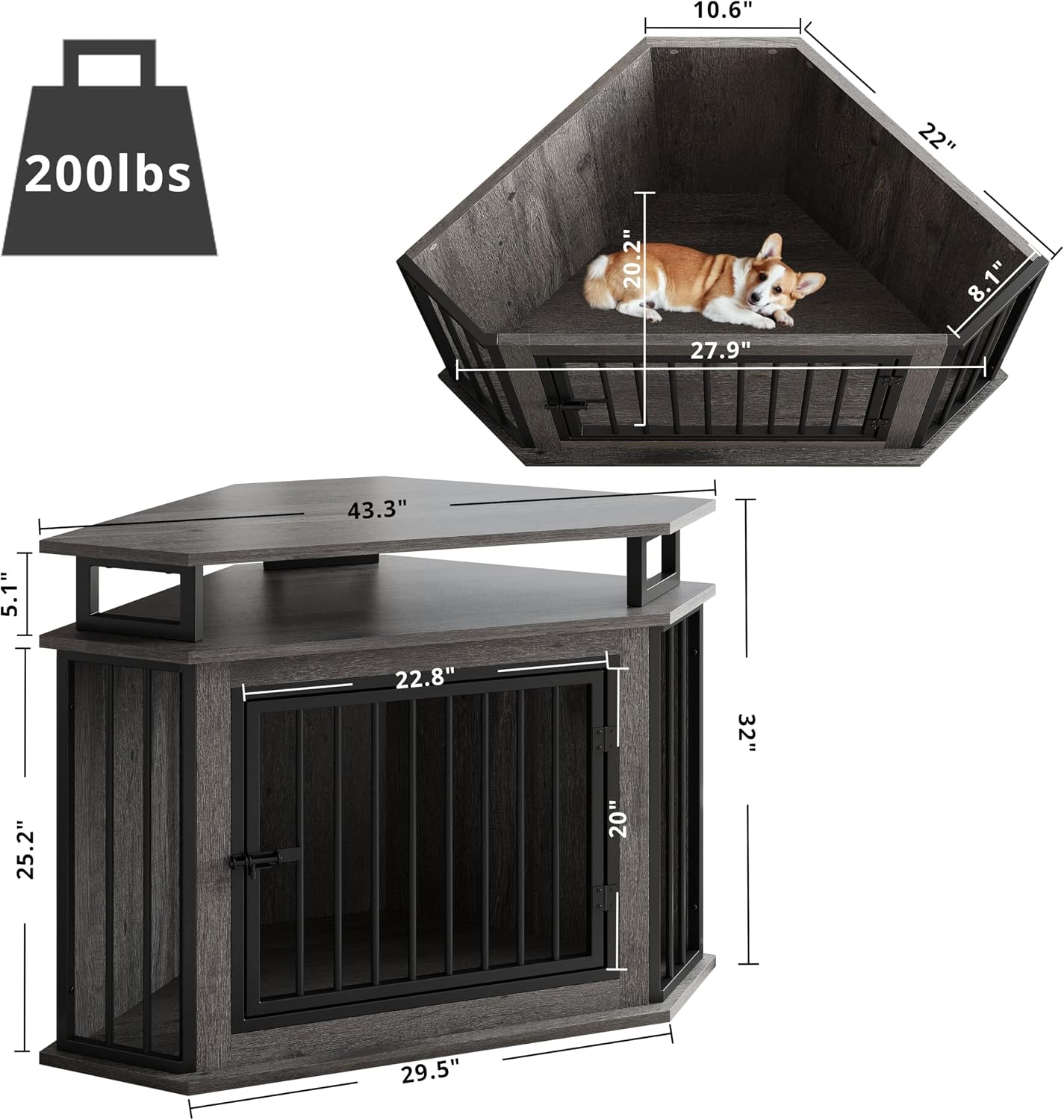 IRONCK 43.3' Corner Dog Crate with 2-Tier Shelves, Wooden Dog Kennel Furniture for TV Stand, Dog Cage Indoor for Small and Medium Dogs, Gray (23.6' L x 43.3' W x 32' H)