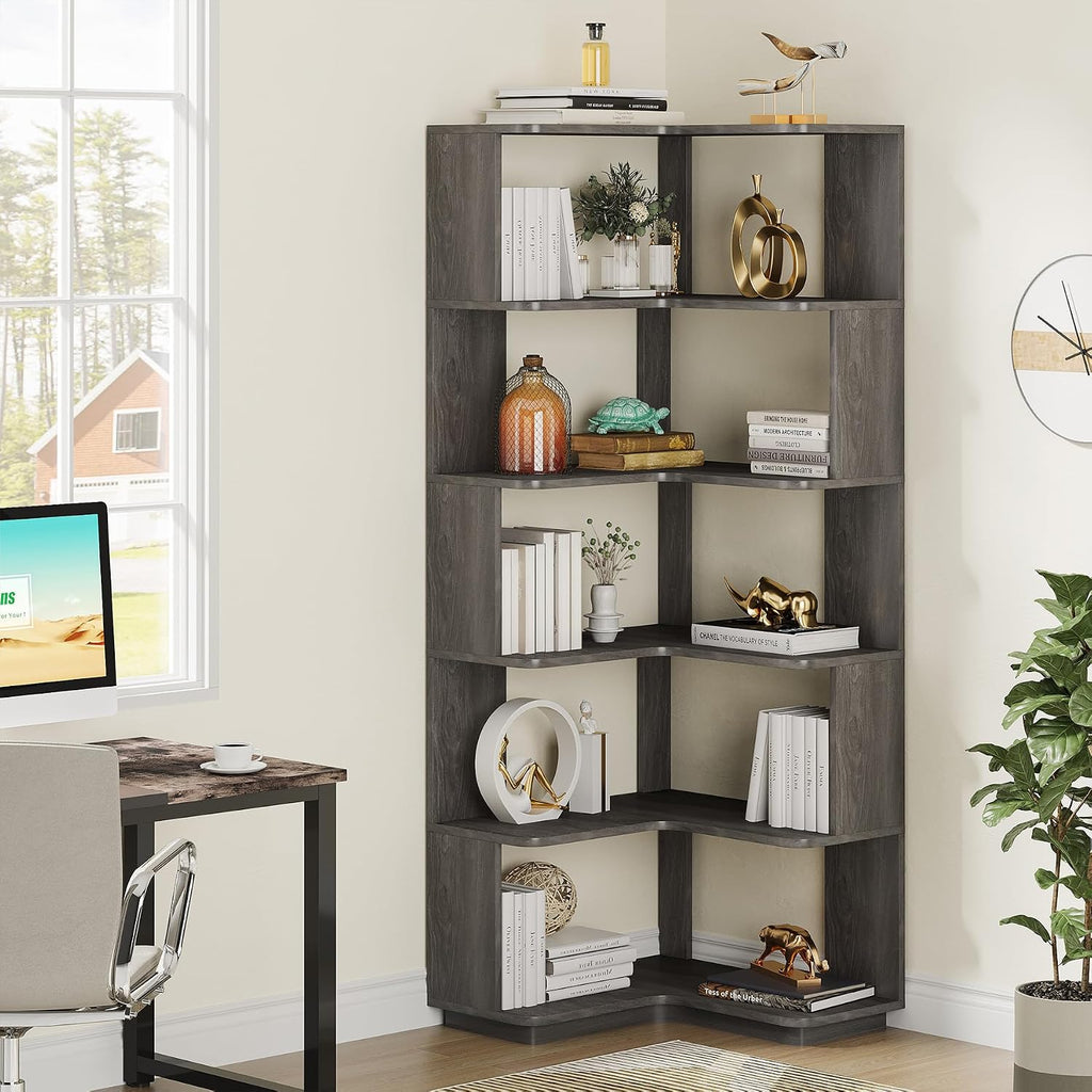 LITTLE TREE 65-Inch Tall Corner Bookshelf, 6-Tier Industrial Corner Bookcase with Side Panels, Freestanding Wood Grain Corner Shelf Display Rack for Home Office, Living Room