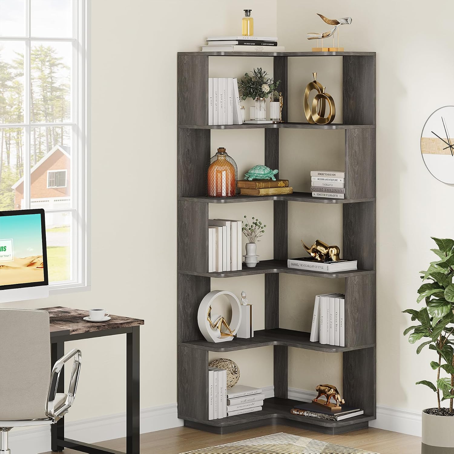 LITTLE TREE 65-Inch Tall Corner Bookshelf, 6-Tier Industrial Corner Bookcase with Side Panels, Freestanding Wood Grain Corner Shelf Display Rack for Home Office, Living Room