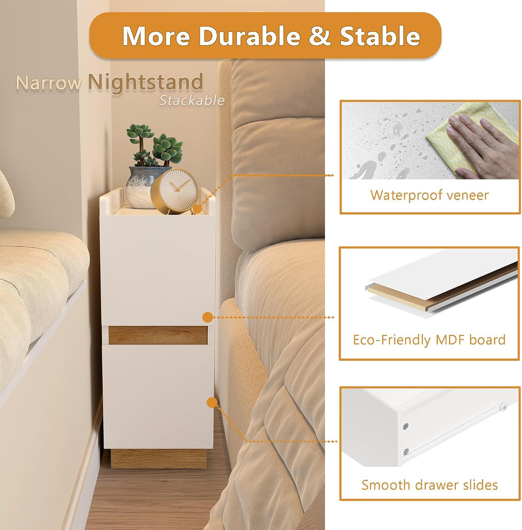 Narrow Night Stands, Modern Slim Nightstand Set of 2, Wooden Skinny Bedside Table 2 Drawers, Stackable Narrow Side Table with Drawers for Small Spaces, Bedroom, Living Room, White