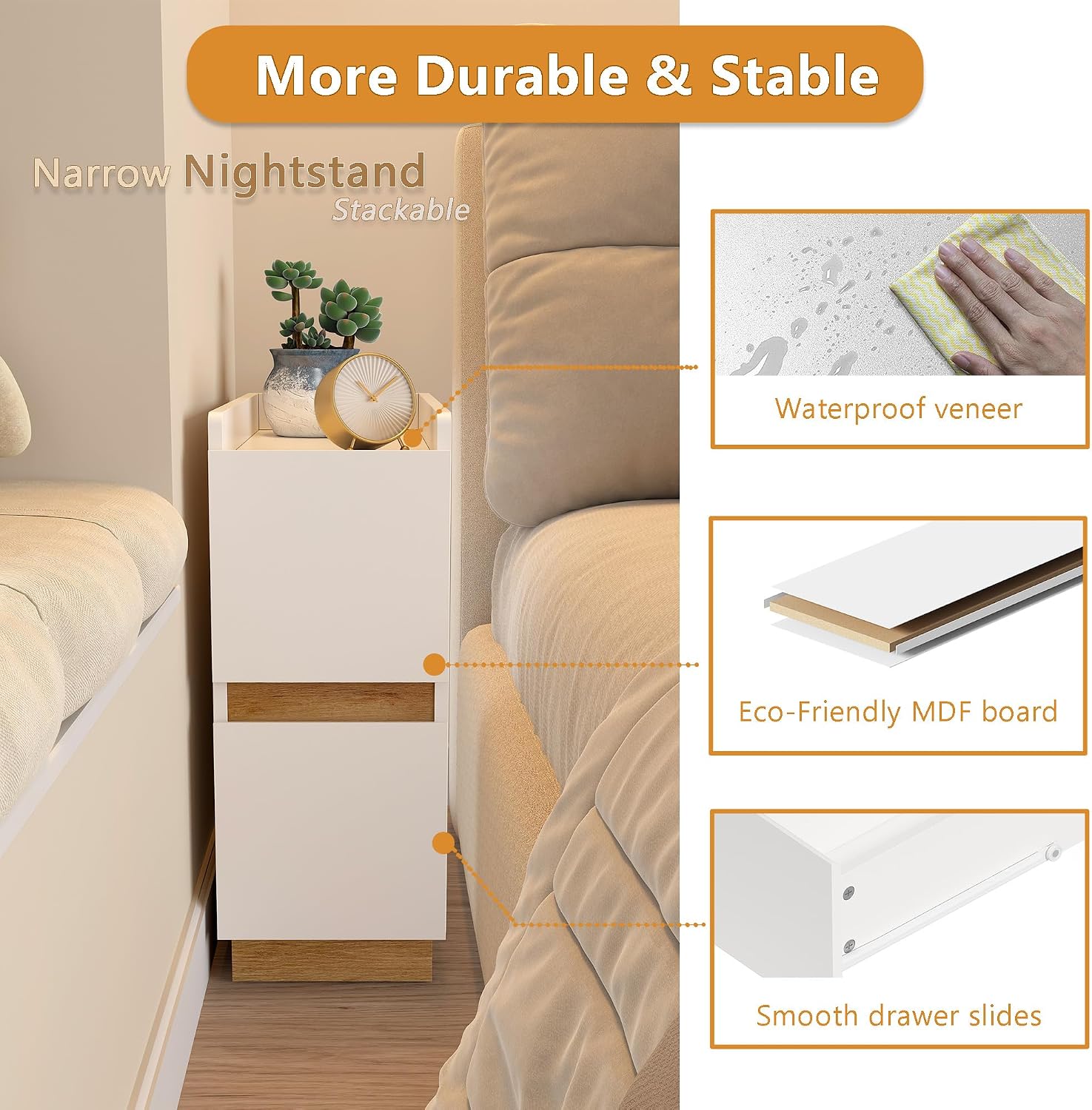 Narrow Night Stands, Modern Slim Nightstand Set of 2, Wooden Skinny Bedside Table 2 Drawers, Stackable Narrow Side Table with Drawers for Small Spaces, Bedroom, Living Room, White