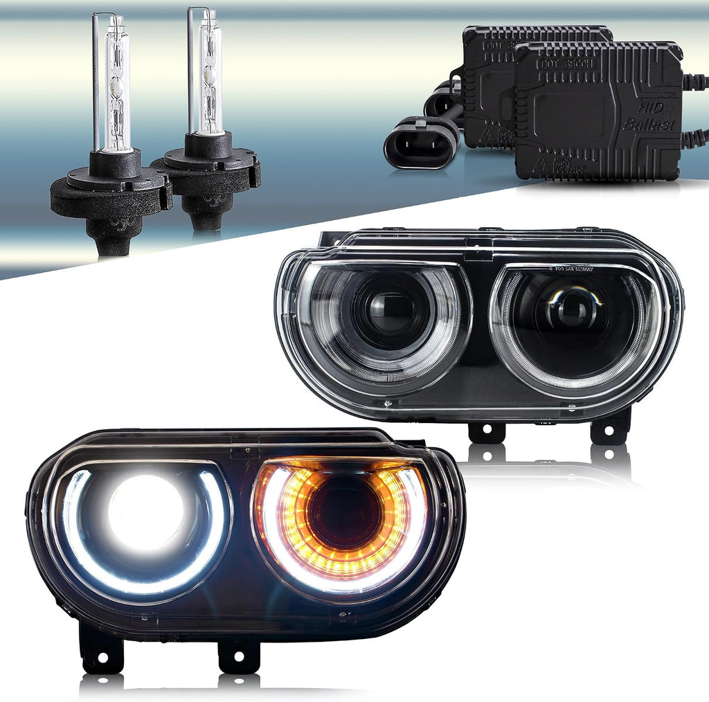 VLAND Headlights + D2H Xenon Bulb Kit Compatible with Dodge Challenger 2008-2014 w/Sequential Indicator Halo Passenger+ Driver Sides+Bulbs
