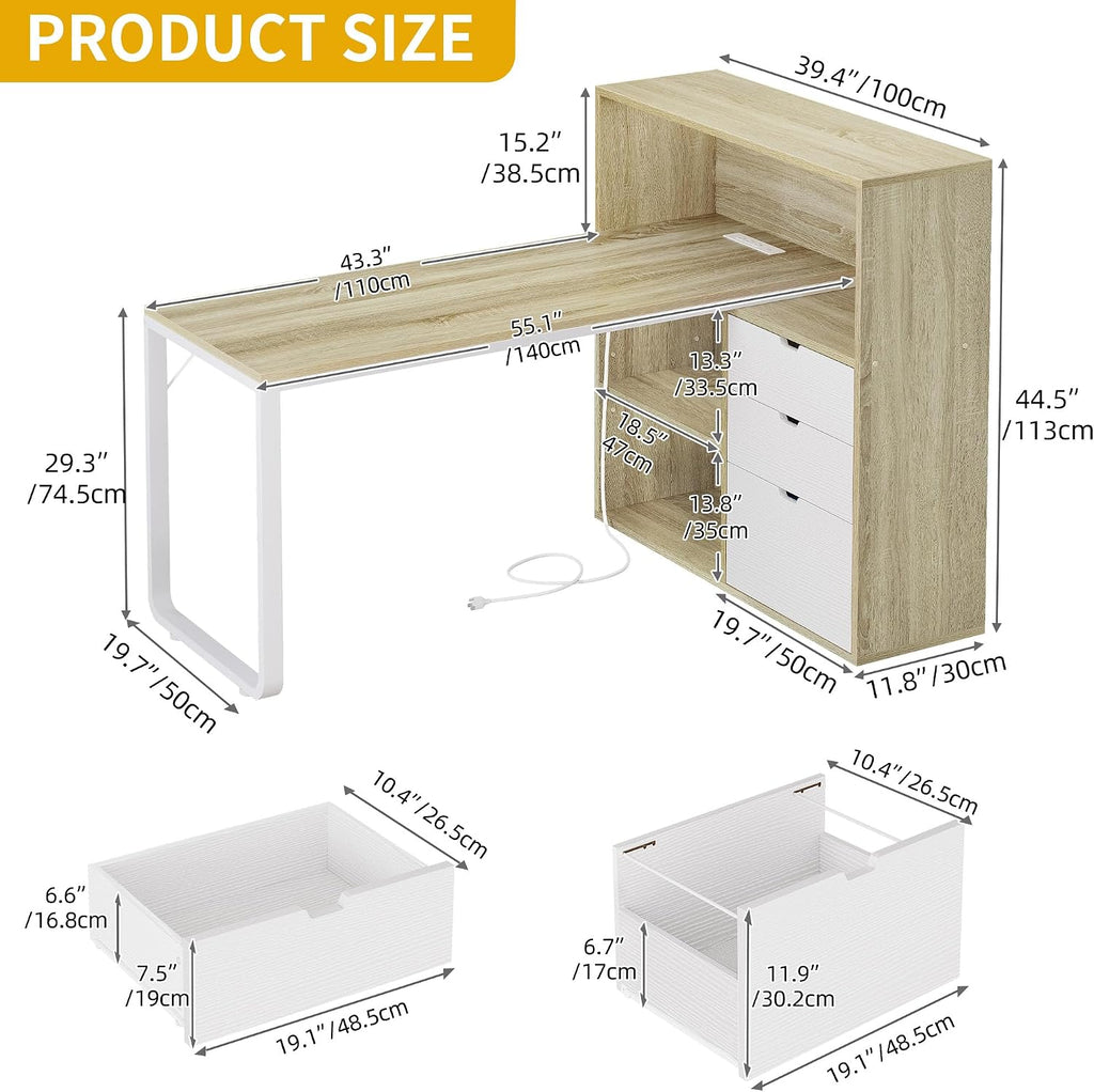 DWVO L Shaped Desk with Drawers, 55' Corner Computer Desk with Bookshelf & Power Outlets & LED Lights, Home Office Desk with Storage Shelves, Oak & White