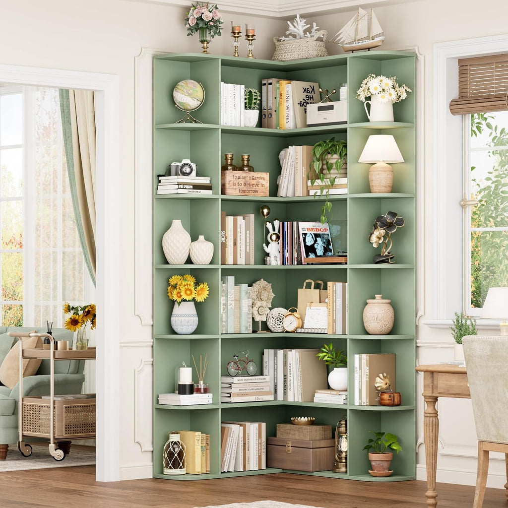 FOTOSOK 72' Tall Corner Bookshelf, 6-Tier Bookshelf and Bookcase with Open Storage, Tall Bookcases Wooden Storage Shelves for Home Office, Thickened Boards for Better Load Bearing, Green