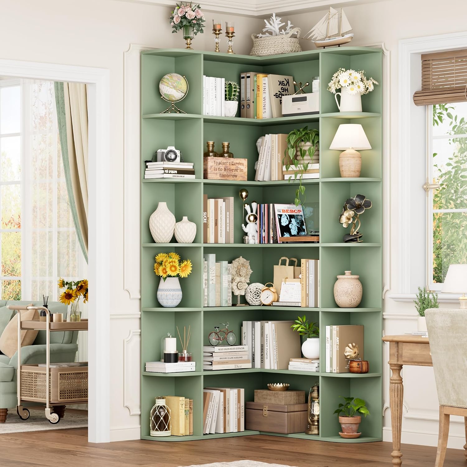FOTOSOK 72' Tall Corner Bookshelf, 6-Tier Bookshelf and Bookcase with Open Storage, Tall Bookcases Wooden Storage Shelves for Home Office, Thickened Boards for Better Load Bearing, Green