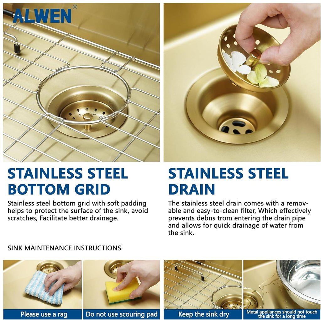 30' Luxury Gold Farmhouse Sink – ALWEN 16 Gauge Workstation Apron Front Sink, 10' Depth Single Bowl with R10 Radius & Accessories