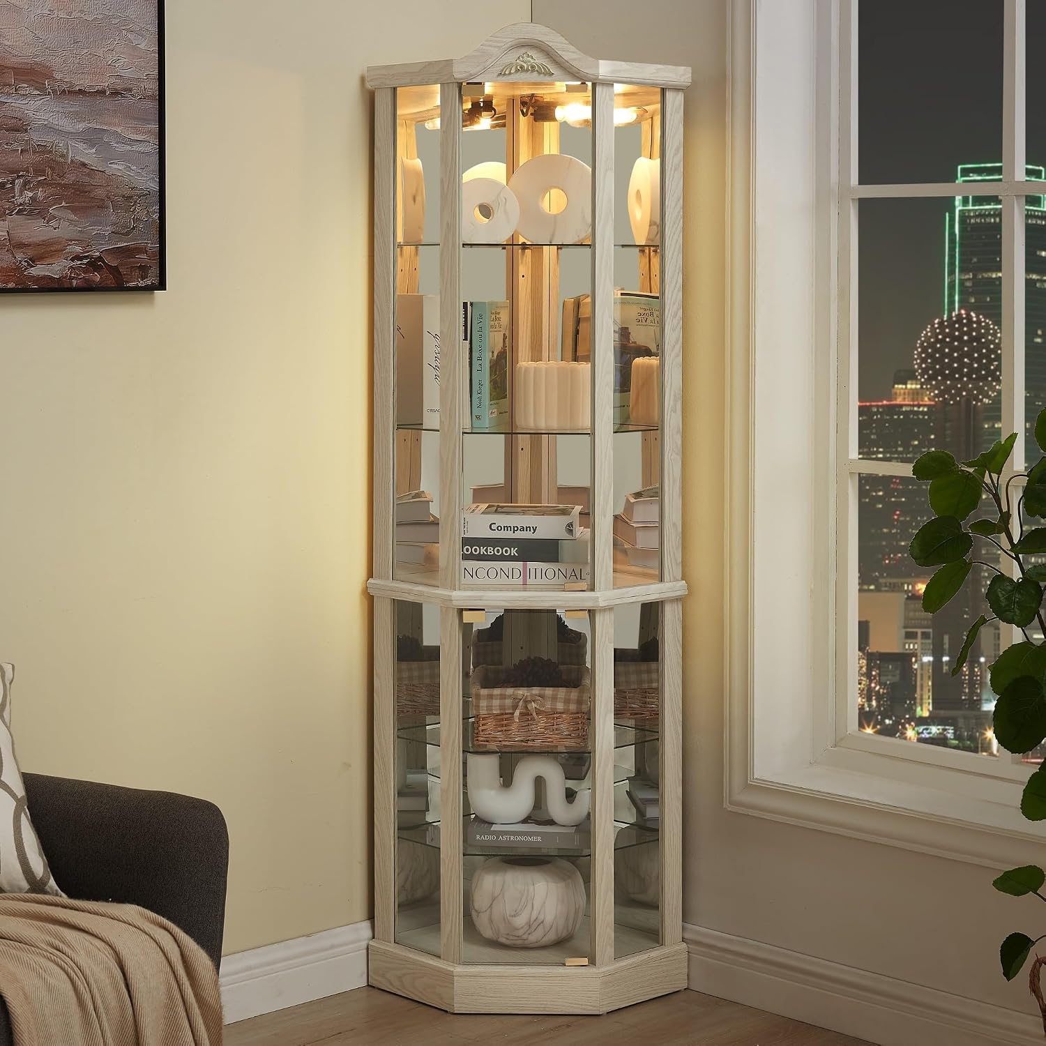 72' H Lighted Corner Curio Cabinet, Wooden Curio Cabinet with Tempered Glass Doors, 6-Tier Shelves Corner Cabinet with Glass, Liquor Display Storage Rack for Living Room(White)