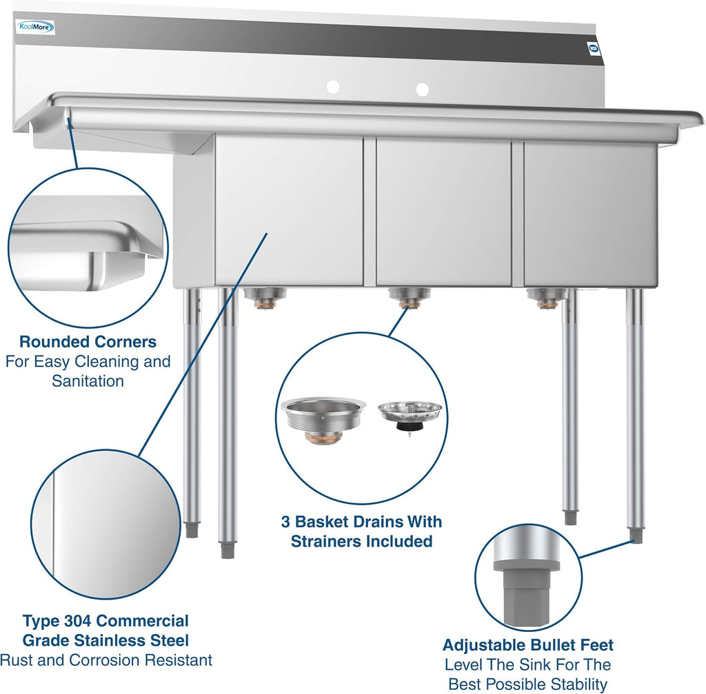 KoolMore 3 Compartment Stainless Steel NSF Commercial Kitchen Sink with Drainboard - Bowl Size 12' x 16' x 10',Silver