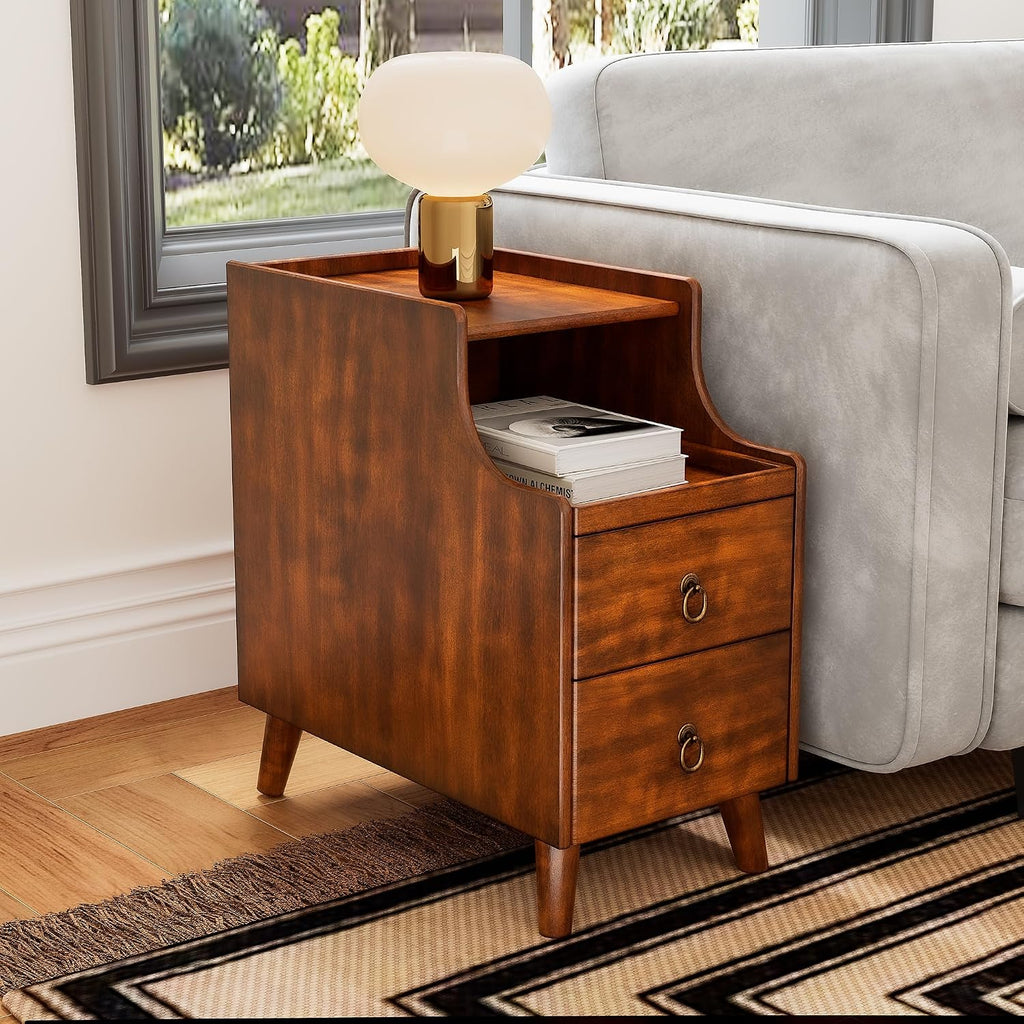 Narrow End Side Table with 2 Drawers and Pull-Out Tray, No-Tools Assembly Sofa Beside Table for Living Room, Slim Side Table with Solid Wood Legs, 11.8'W x 21.6'L x 22.9'H Caramel Brown BG-A1359-MG