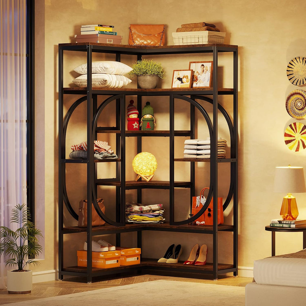 LITTLE TREE Large Corner Bookshelf Industrial Bookcase for Living Room Home Office,Brown