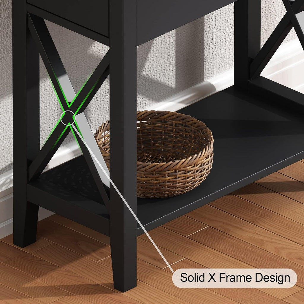 ChooChoo End Table Set of 2, Flip Top Narrow End Table with Drawer, Accent Small Side Table Nightstand for Living Room, Bedroom, and Small Spaces, Blcak