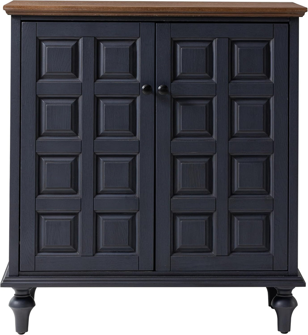 Aoikax Retro 2 Door Storage Cabinet with Plaid Pattern Front, Vintage Side Table for Bedroom, Living Room, Handles, Two-Shelves, Pine Wood, Dark Blue, Natural Wood