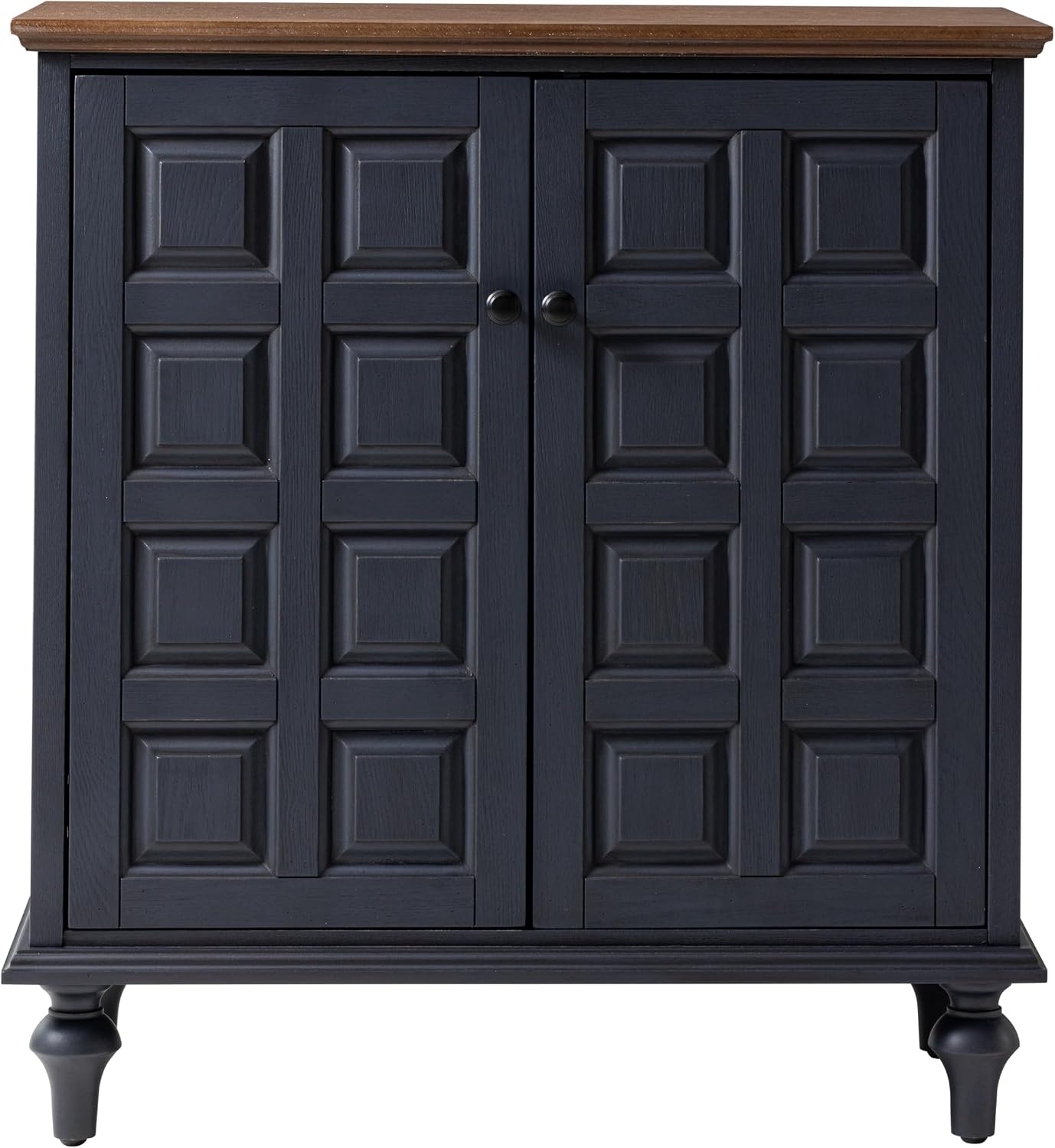 Aoikax Retro 2 Door Storage Cabinet with Plaid Pattern Front, Vintage Side Table for Bedroom, Living Room, Handles, Two-Shelves, Pine Wood, Dark Blue, Natural Wood