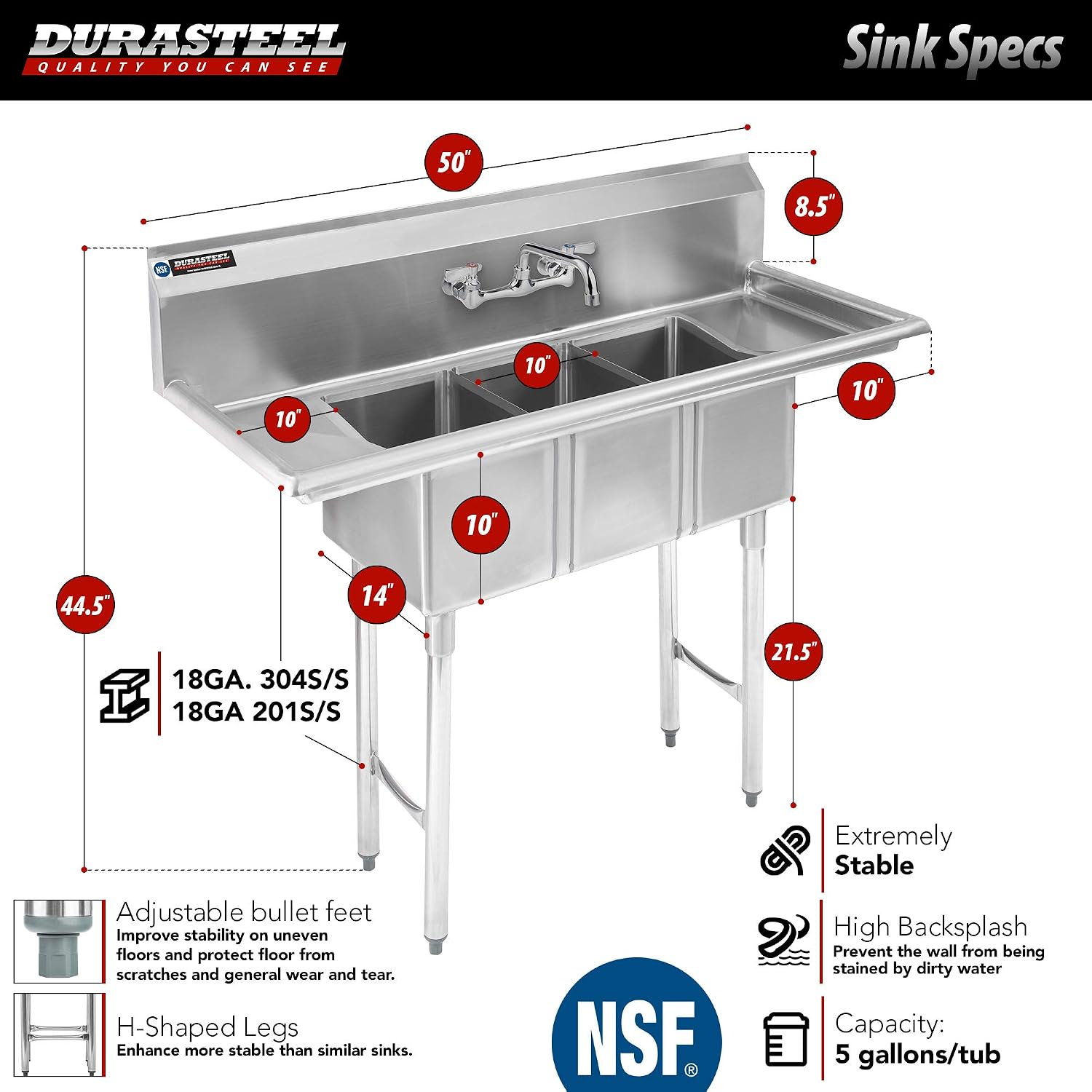 DuraSteel Stainless Steel Kitchen Sink - Triple 10' x 14' x 10' Bowl with No Lead Faucet - 3 Compartment Commercial Sink w/ Drainboards - For Restaurant, Laundry, Garage & Backyard - NSF Certified