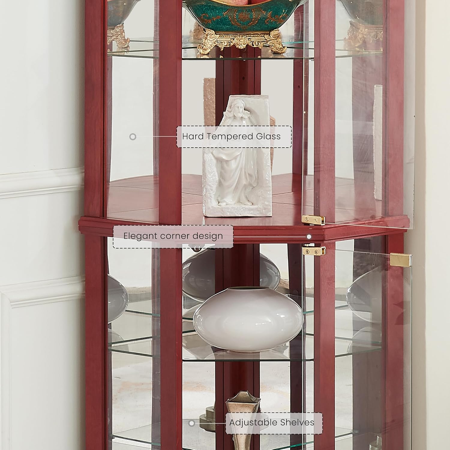 72' H Lighted Corner Curio Cabinet, Wooden Curio Cabinet with Tempered Glass Doors, 6-Tier Shelves Corner Cabinet with Glass, Liquor Display Storage Rack for Living Room(Cherry)