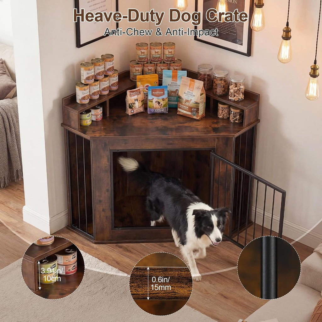 Corner Dog Crate Furniture for Small, Medium Dogs | Heavy Duty Wooden Kennel, 2-Tier Storage Shelves, Anti-Chew Design, Space-Saving, Indoor Use as TV Stand or End Table