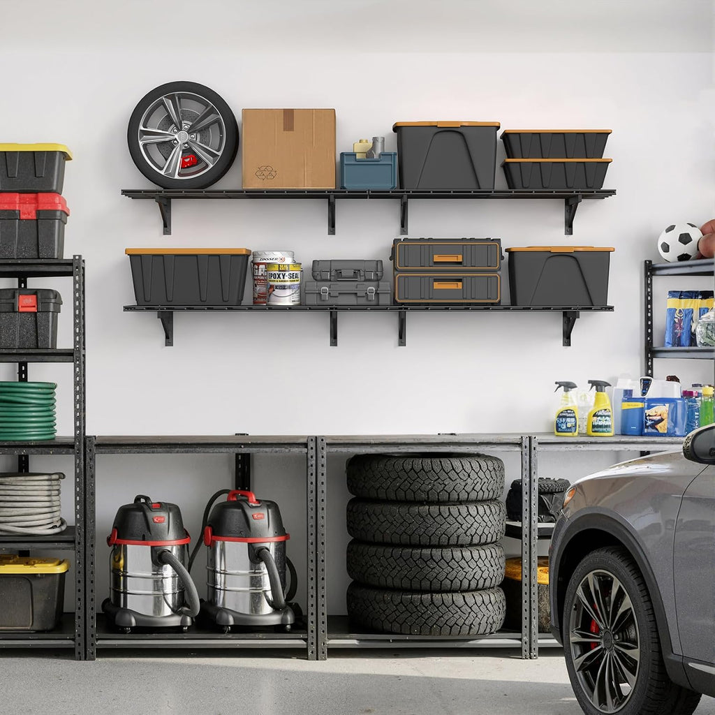 Jusgym 4 Pack Heavy Duty Garage Wall Shelving Set (1.5x4ft), Wall Mounted Garage Shelves 1400lbs Capacity, 18'x96' Shelf Storage Rack Floating Shelves, Black