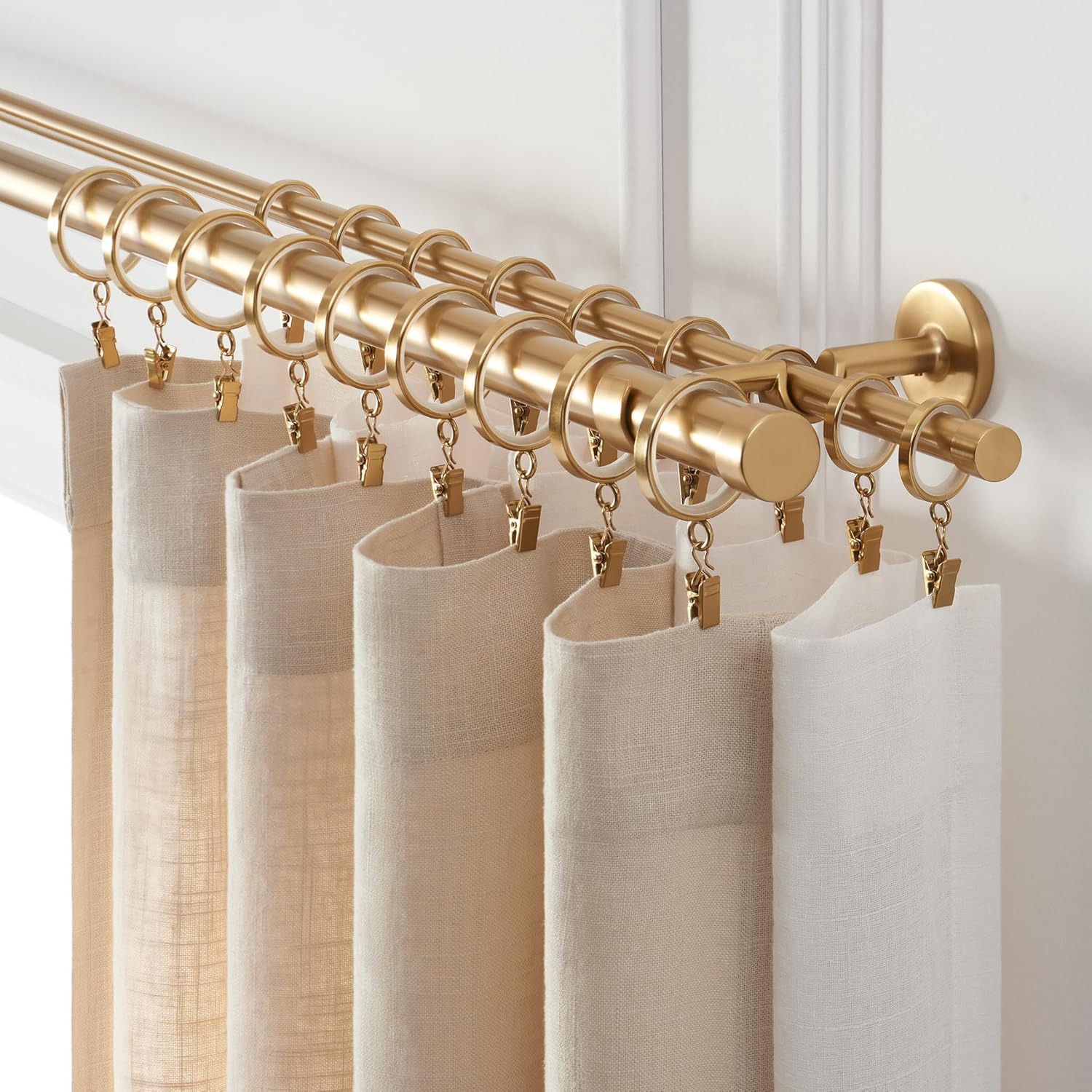 MODE Cambria Designer Series - Premium 5 foot Custom Double Curtain Rod - 1-1/8 inch Large Diameter - Non-Adjustable for a Seamless Look - Premium Designer Brackets and End Caps - Brushed Gold Finish