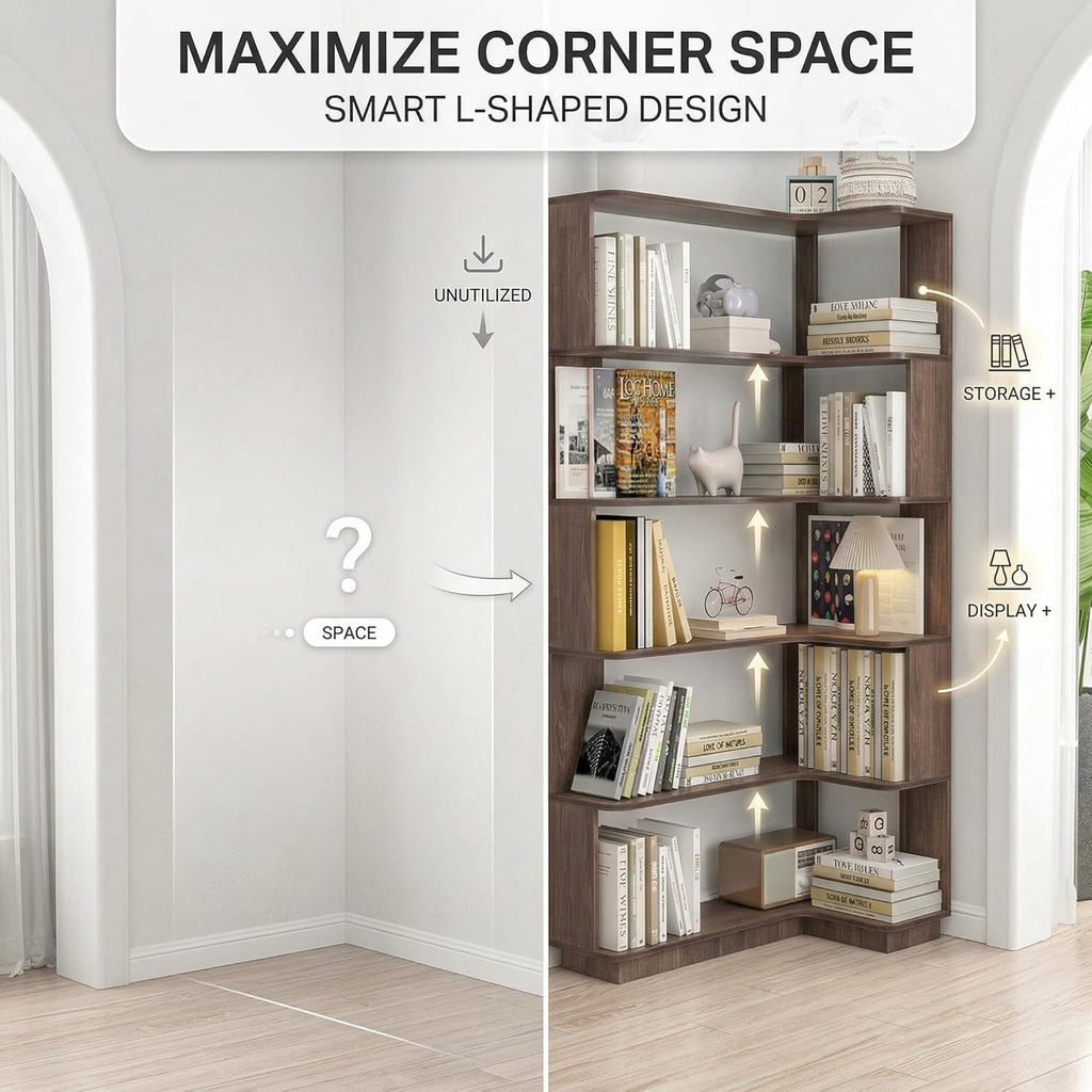 6 Tier Corner Bookshelf, Freestanding L-Shaped Wooden Bookcase with Open Shelves, Anti-Fall Panels and Anti-Tipping Device for Living Room, Home Office (Dark Brown with Left Extension)