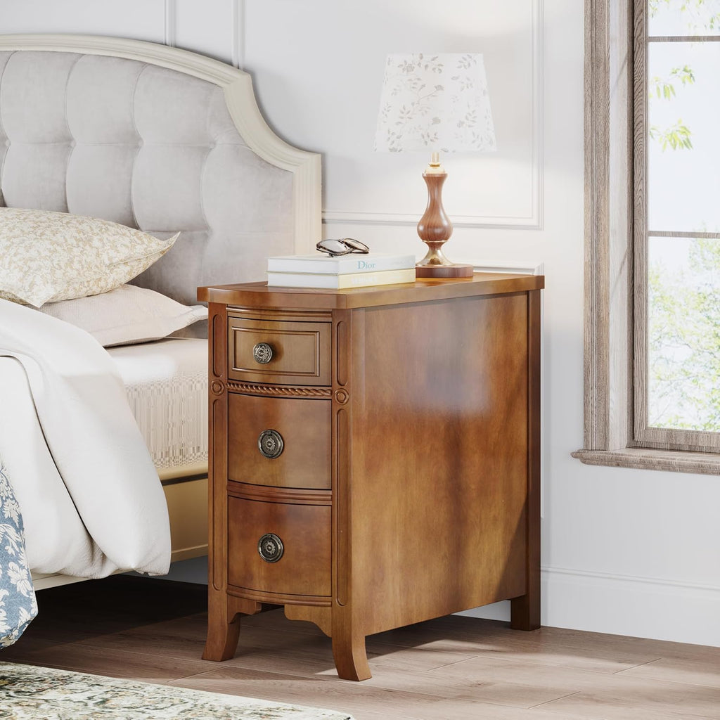 Farmhouse Solid Wood End Table, 3-Drawer Narrow Side Table Slim Chair Table for Living Room, Sofa Table with Drawers, Small Nightstand for Bedroom, No Assembly Required, Brown