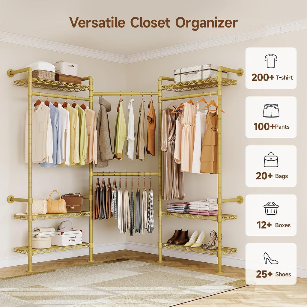 ONBRILL L3 Wall Mounted Industrial Pipe Closet System, Corner Closet Organizers with 4 Telescopic Rods & 6 Shelves, Heavy Duty Clothing Clothes Rack in Wardrobe Closet (Gold)