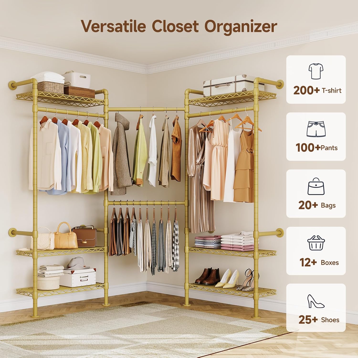 ONBRILL L3 Wall Mounted Industrial Pipe Closet System, Corner Closet Organizers with 4 Telescopic Rods & 6 Shelves, Heavy Duty Clothing Clothes Rack in Wardrobe Closet (Gold)