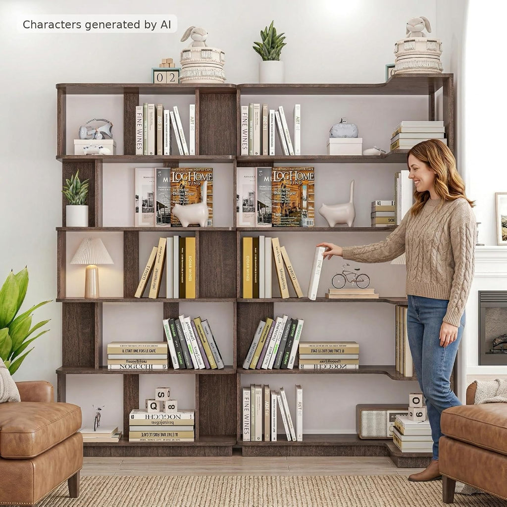 Corner Bookshelf, L Shaped, Set of 2,Dark Brown | Modular Geometric Design, Large Storage Display, Freestanding Wooden Unit, For Living Room Home Office