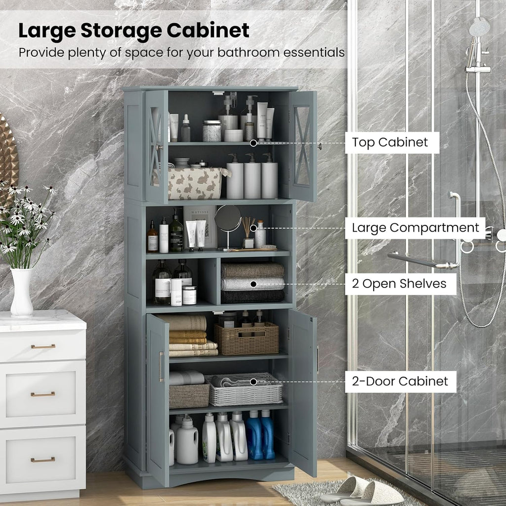 Tangkula Tall Bathroom Cabinet, Modern Kitchen Cupboard Pantry with Adjustable Shelves, 2 Acrylic Doors & 3 Open Cubes, Large Floor Storage Cabinet for Bathroom Living Room (23.5 x 12 x 57 Inch,Grey)