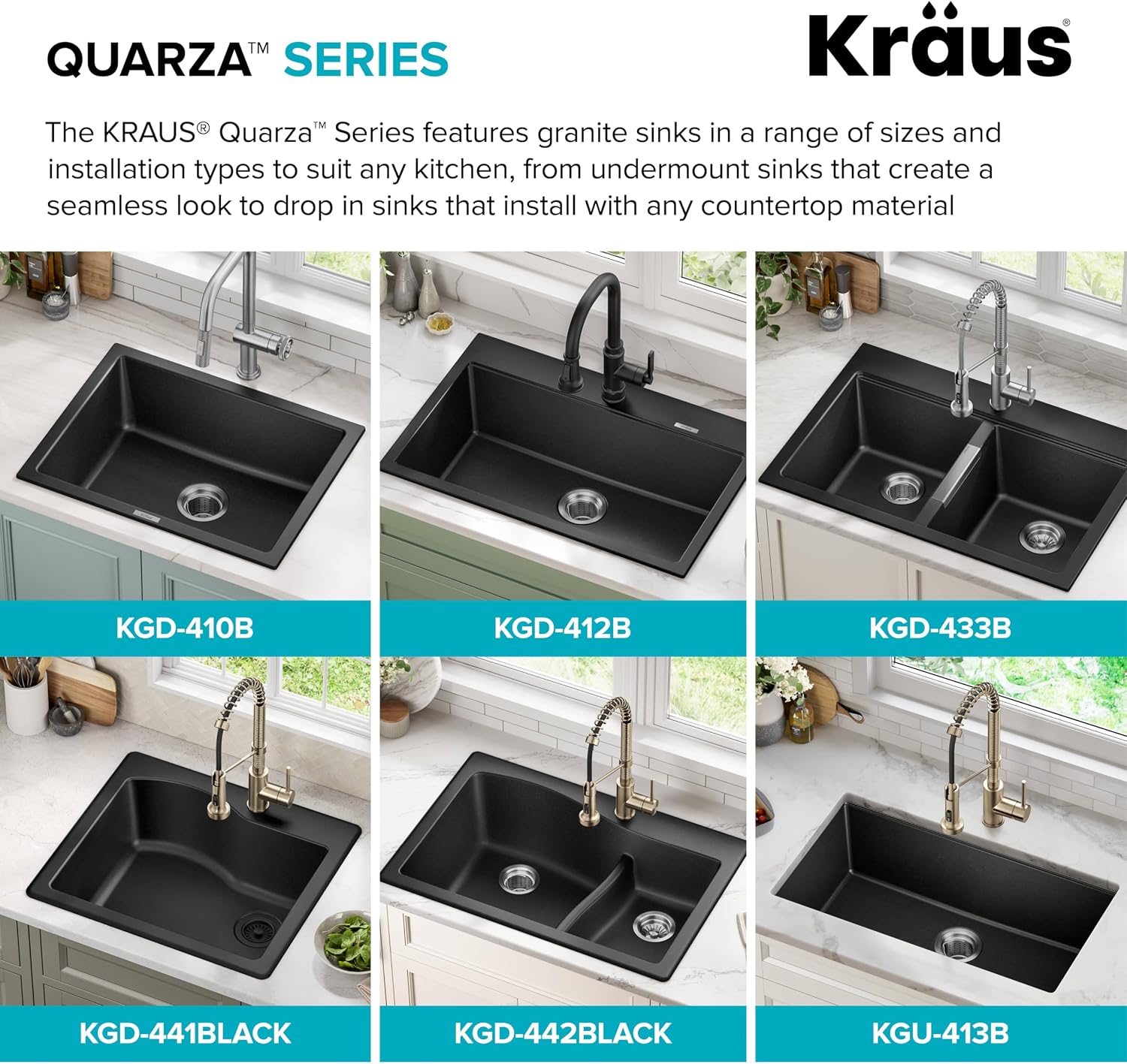 KRAUS Quarza 33-inch Drop-In/Undermount 60/40 Double Bowl Granite Kitchen Sink in Black, KGD-442BLACK