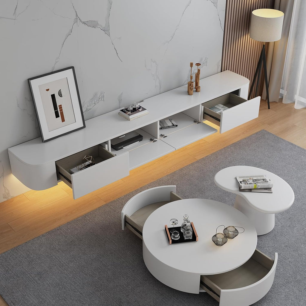 94 inch Floating TV Stand Wall Mounted TV Cabinet Floating Shelves with Door Entertainment Media Console Solid Wood Modern Living Room Round Corner TV Stand (White+LED, 240CM)